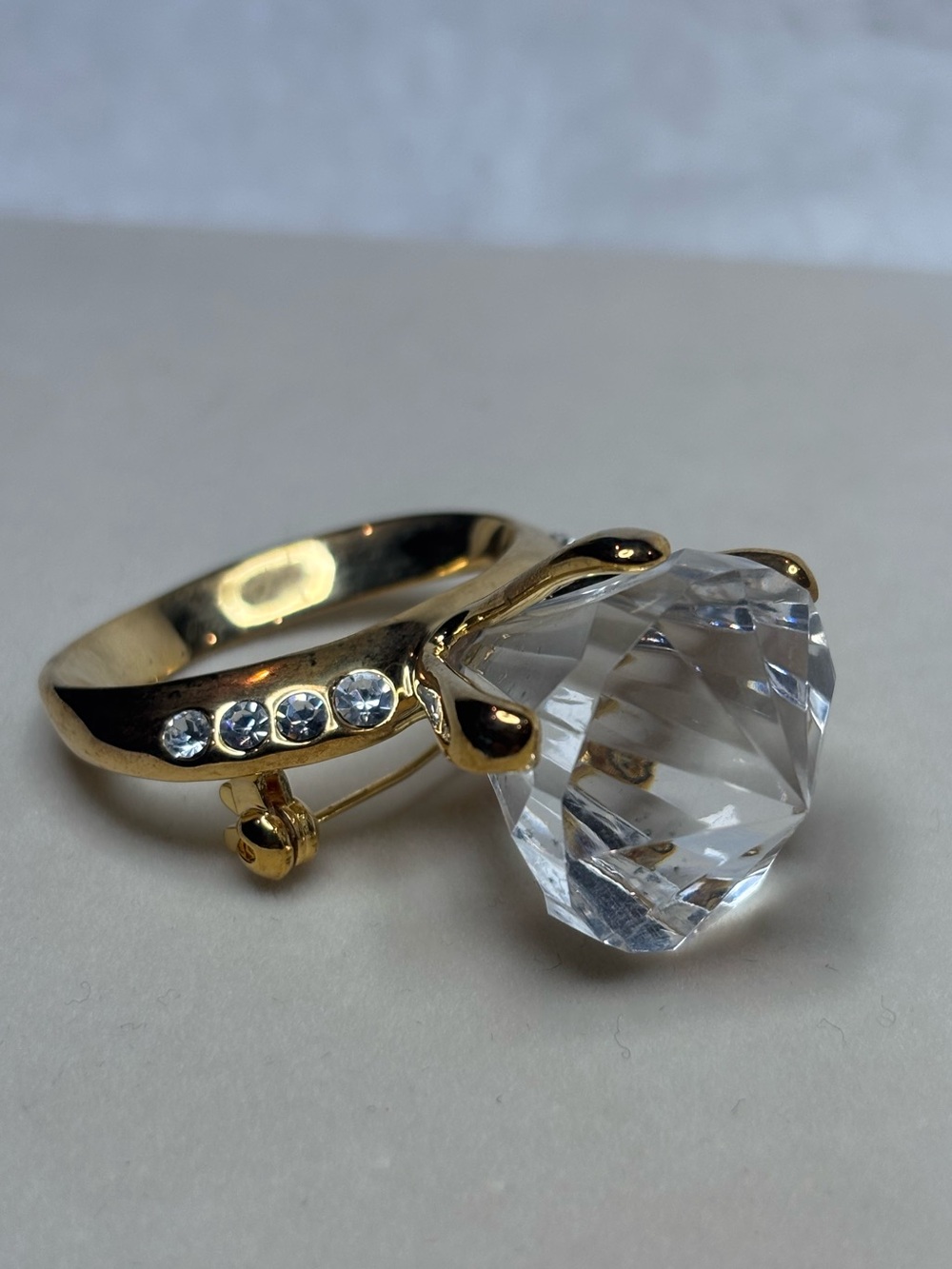 Vintage Large Faux Diamond Ring Brooch Pin Gold Tone